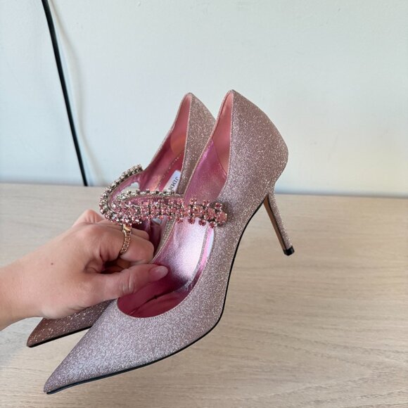 Jimmy Choo Bing 85 Pumps Sz 37 Pink Glitter Crystal Embellished Pointed Toe - Picture 7 of 14